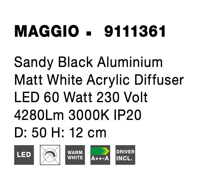 Висящо осветително тяло (пендел) MAGGIO 60W LED Пясъчно черен алуминий матово бял акрил ⌀50 H12см