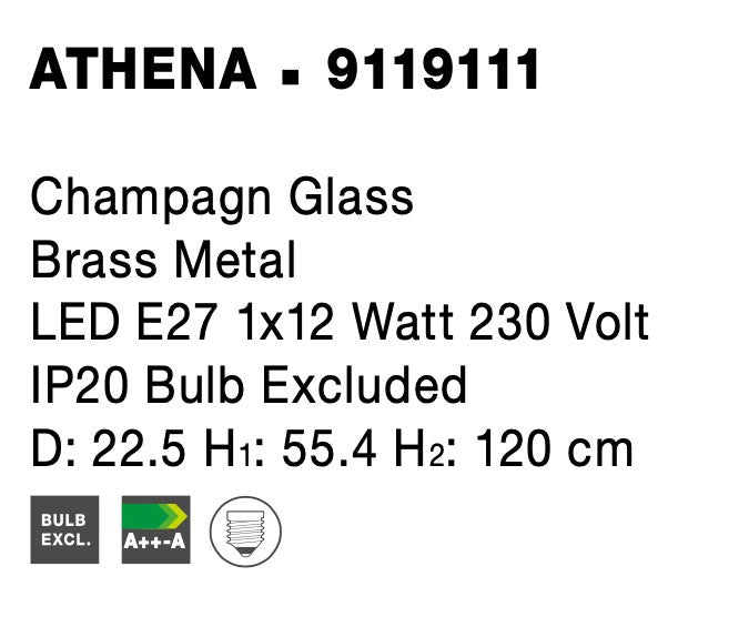 Висящо осветително тяло (пендел) ATHENA 12W E27 Златист месинг Шампанско стъкло