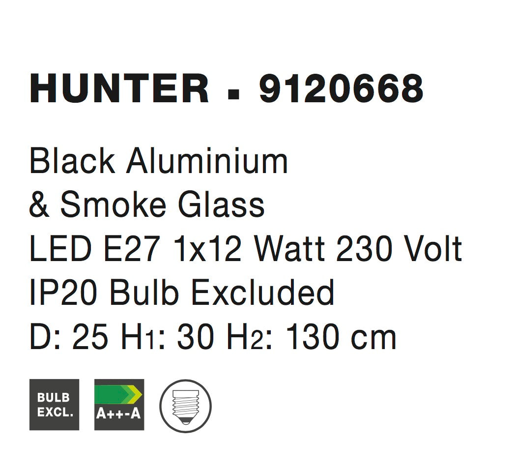 Висящо осветително тяло (пендел) HUNTER 12W E27 Матово черен алуминий Опушено стъкло Регулируема височина