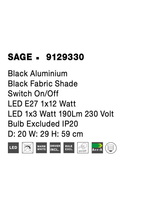 Висящо осветително тяло (пендел) SAGE LED E27 15W Черен алуминий и черен текстилен абажур