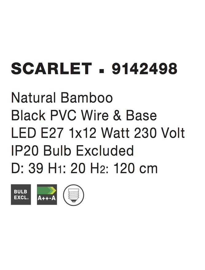 Висящо осветително тяло (пендел) SCARLET 12W LED Натурален бамбук Черен PVC кабел