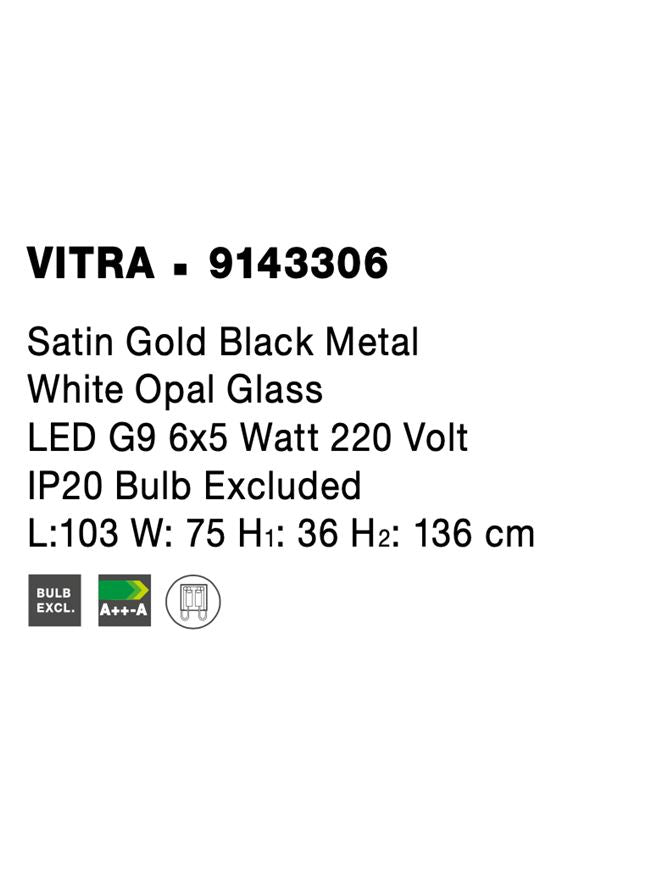 Висящо осветително тяло (пендел) VITRA 30W LED G9 Златист сатен и черен метал, бяло опалово стъкло L103 W75 H136см Регулируема височина