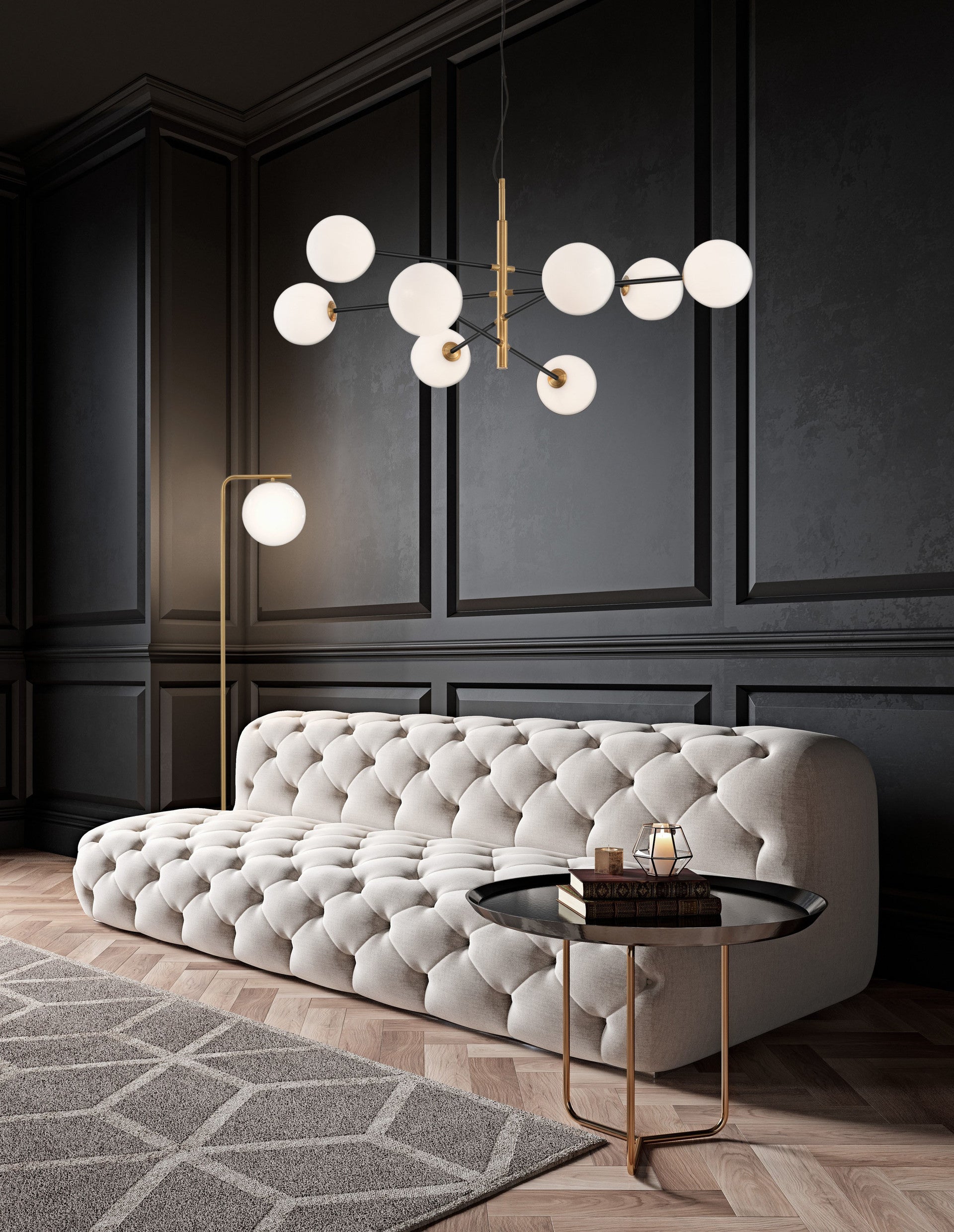 Висящо осветително тяло (пендел) VITRA 40W LED G9 Златист сатен и черен метал, бяло опалово стъкло L120 W103 H145см Регулируема височина