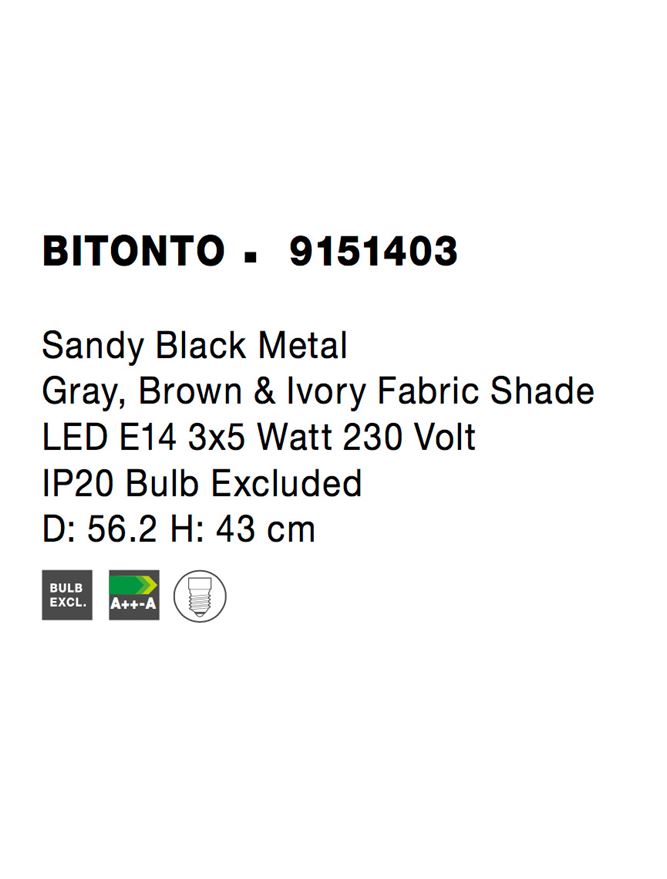 Висящо осветително тяло (пендел) BITONTO LED E14 15W Пясъчно черен метал и сив/кафяв/слонова кост текстилен абажур