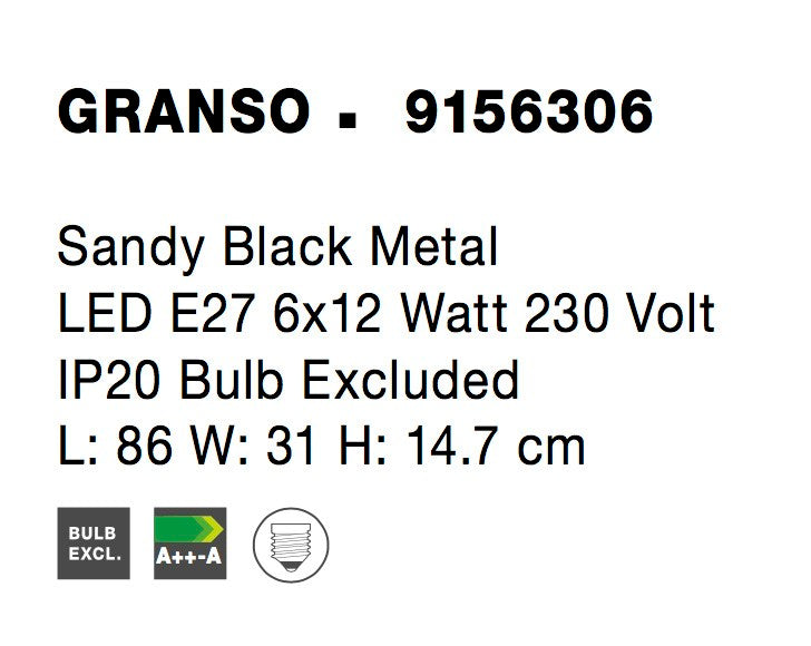 Висящо осветително тяло (пендел) GRANSO 6x12W E27 Пясъчно черен метал
