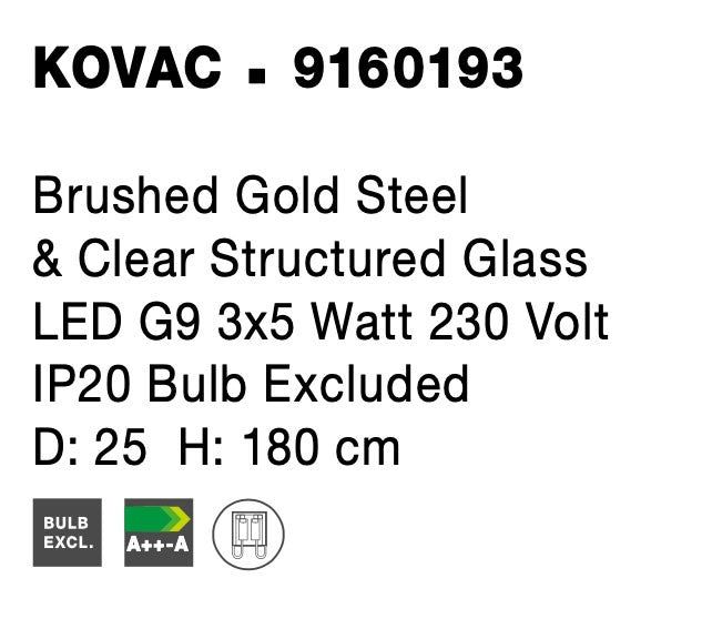 Пендел KOVAC LED 15W G9 Месинг Злато Прозрачно Структурирано Стъкло Регулируема Височина ⌀25 H180cm
