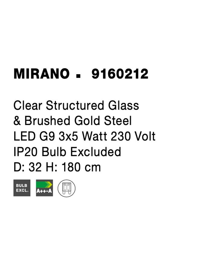 Висящо осветително тяло (пендел) MIRANO LED 15W G9 Златист месинг Прозрачно структурирано стъкло Регулируема височина ⌀32 H180см