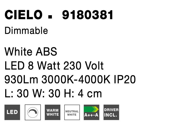 Висяща лампа CIELO 8W Triac димируема, бяла ABS, Д30 Ш30 В4см