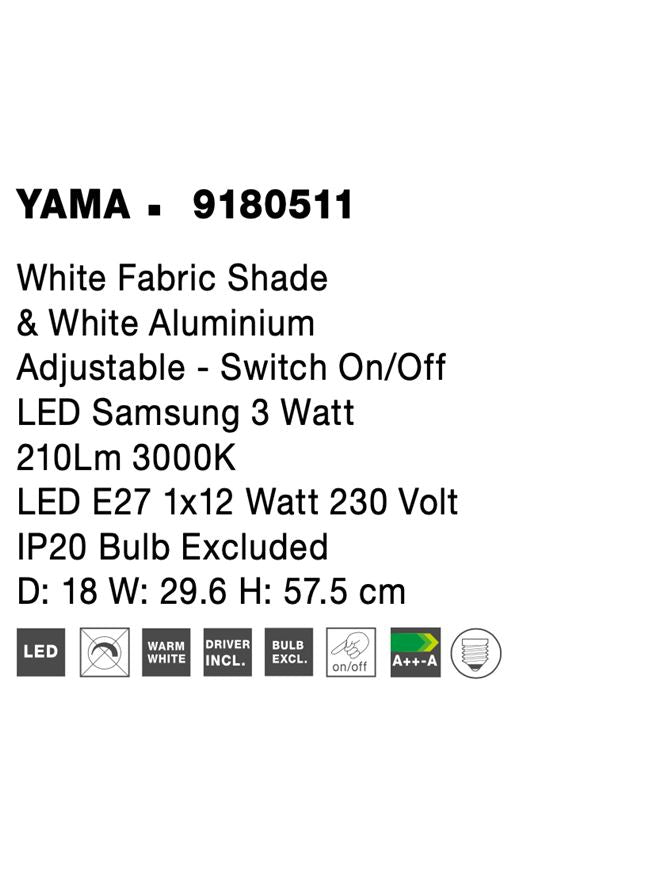 Висящо осветително тяло (пендел) YAMA LED 15W Бял алуминий и текстилен абажур