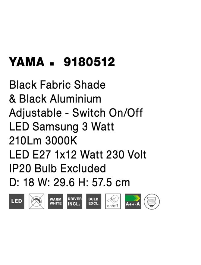 Висящо осветително тяло (пендел) YAMA LED 15W Черен алуминий и текстилен абажур