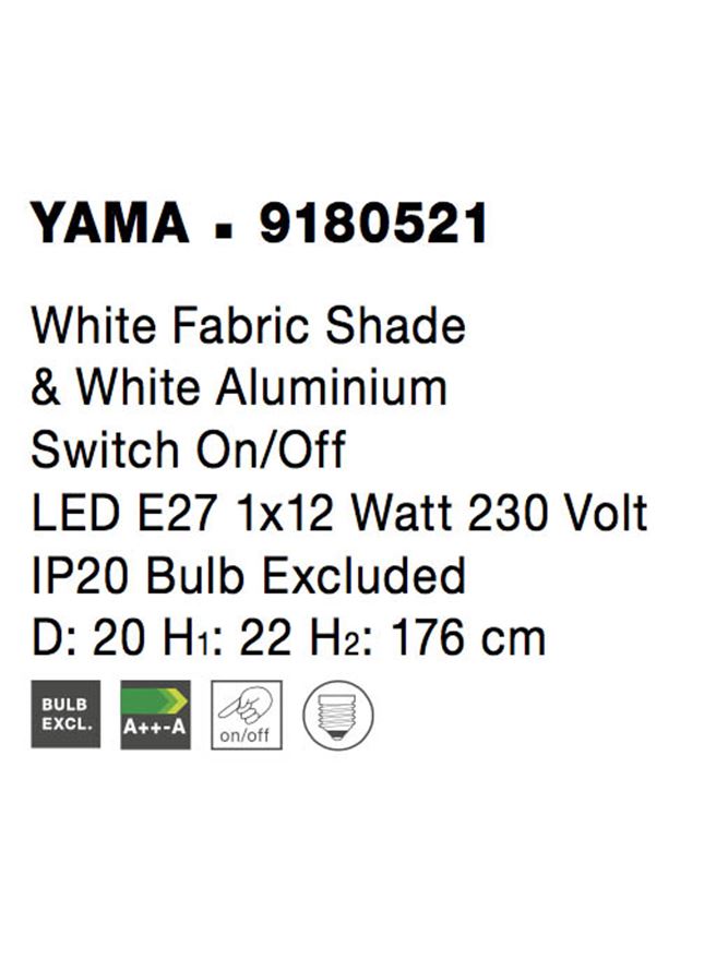 Висящо осветително тяло (пендел) YAMA LED 12W Бял алуминий и текстилен абажур