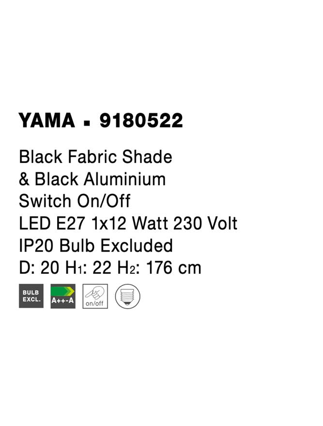 Висящо осветително тяло (пендел) YAMA LED 12W Черен алуминий и текстилен абажур