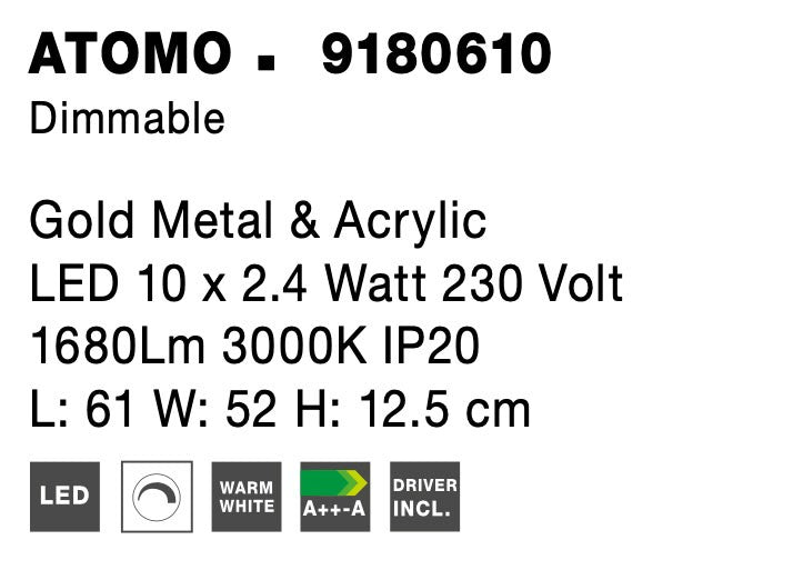 Висящо осветително тяло (пендел) ATOMO 25W Златист метал и акрил