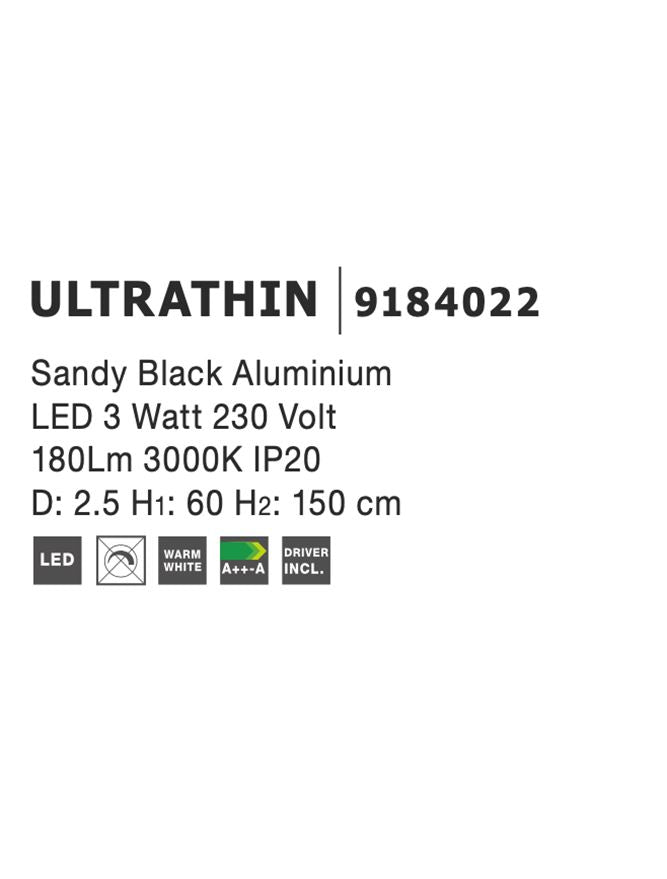 Висящо осветително тяло (пендел) ULTRATHIN LED 3W 230V Пясъчно черен алуминий Регулируема височина ⌀2.5 H60-150см