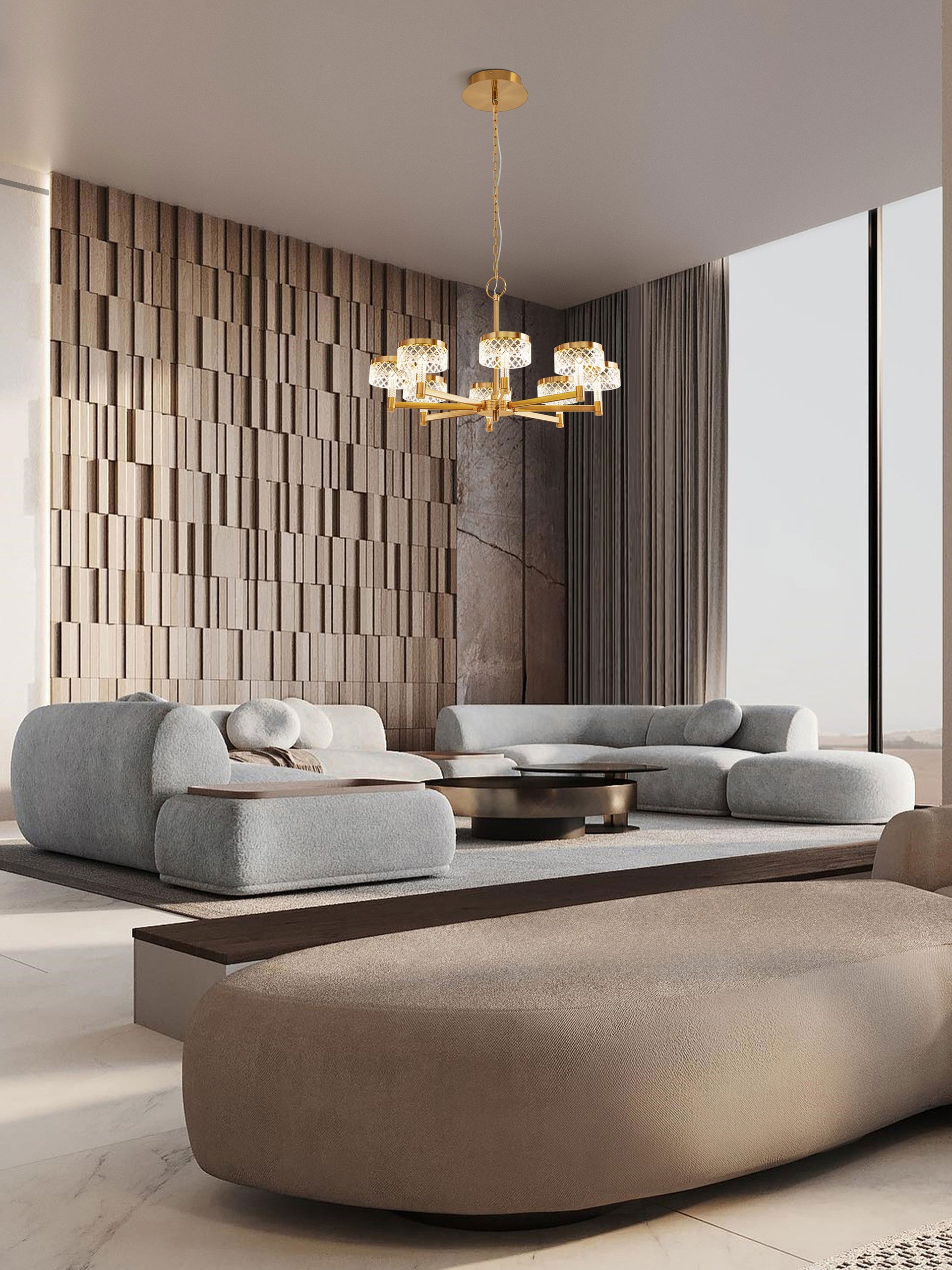 Висяща лампа BION 48W, месинг-злато, прозрачен акрил, ⌀80,7 H150см