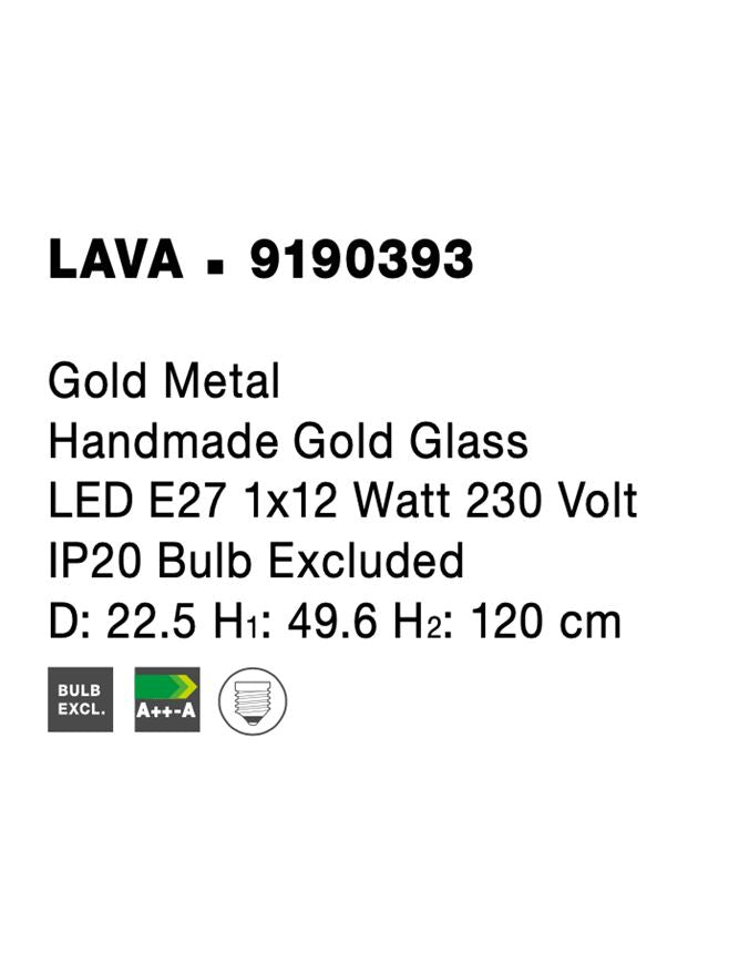 Висящо осветително тяло (пендел) LAVA 12W E27 Златен Метал Ръчно изработено златно стъкло