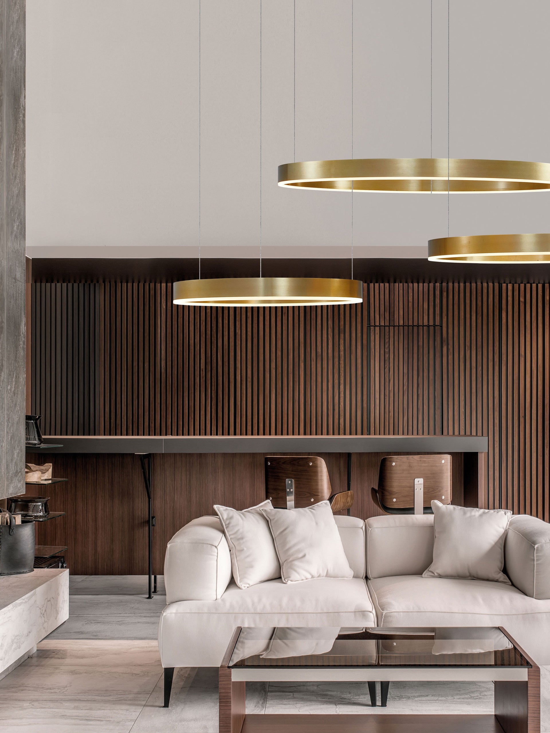 Висящо осветително тяло (пендел) MOTIF 60W LED 3000K Триак димируем Златист месинг алуминий акрил Регулируема височина