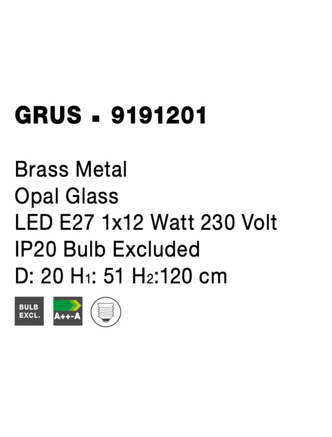 Висящо осветително тяло (пендел) GRUS 1x12W E27 Месинг метал опалово стъкло ⌀20 H51/120см Регулируема височина