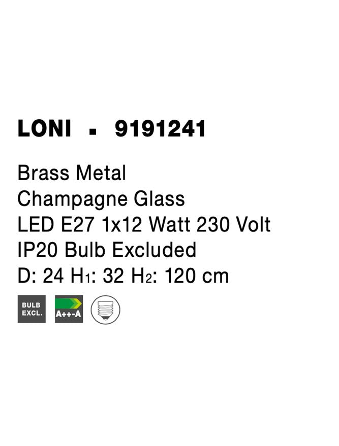 Висящо осветително тяло (пендел) LONI 12W E27 Златист месинг Шампанско стъкло