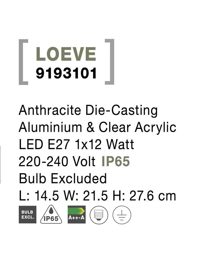 Външен аплик LOEVE 12W Тъмен антрацит леят алуминий прозрачен акрил IP65