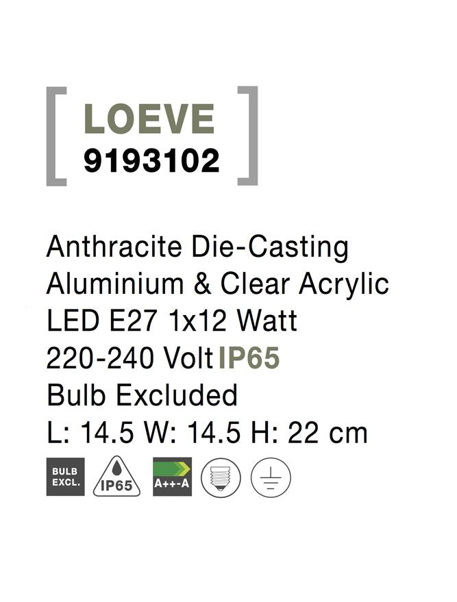 Външен аплик LOEVE 12W Тъмен антрацит леят алуминий прозрачен акрил IP65