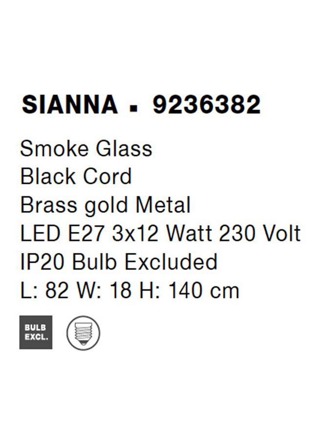 Висящо осветително тяло (пендел) SIANNA 36W (3x12W) E27 Златист месинг Опушено стъкло