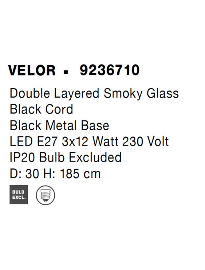 Висящо осветително тяло (пендел) VELOR 36W (3x12W) E27 Матово черен Опушено стъкло