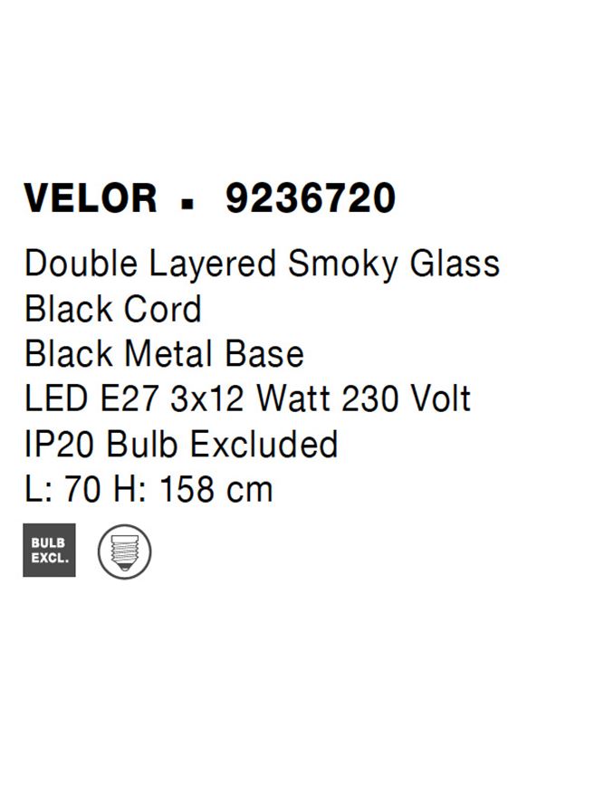 Висящо осветително тяло (пендел) VELOR 36W (3x12W) E27 Матово черен Опушено стъкло