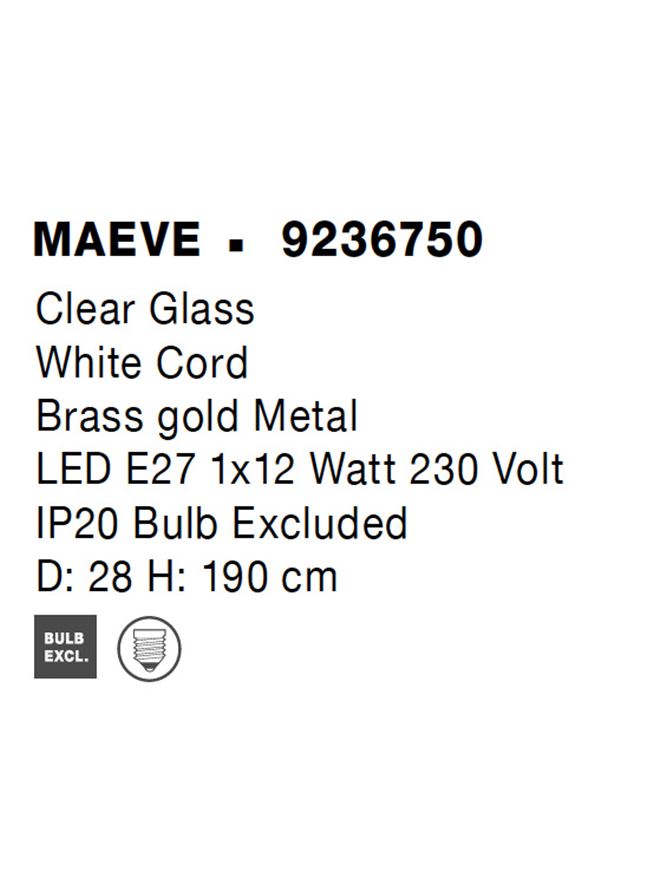 Висящо осветително тяло (пендел) MAEVE LED 12W E27 Златист месинг Прозрачно стъкло Бял шнур Регулируема височина ⌀28 H190см