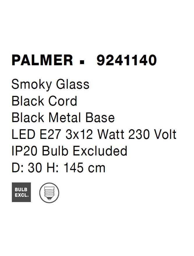 Висящо осветително тяло (пендел) PALMER 36W (3x12W) E27 Черен Опушено стъкло