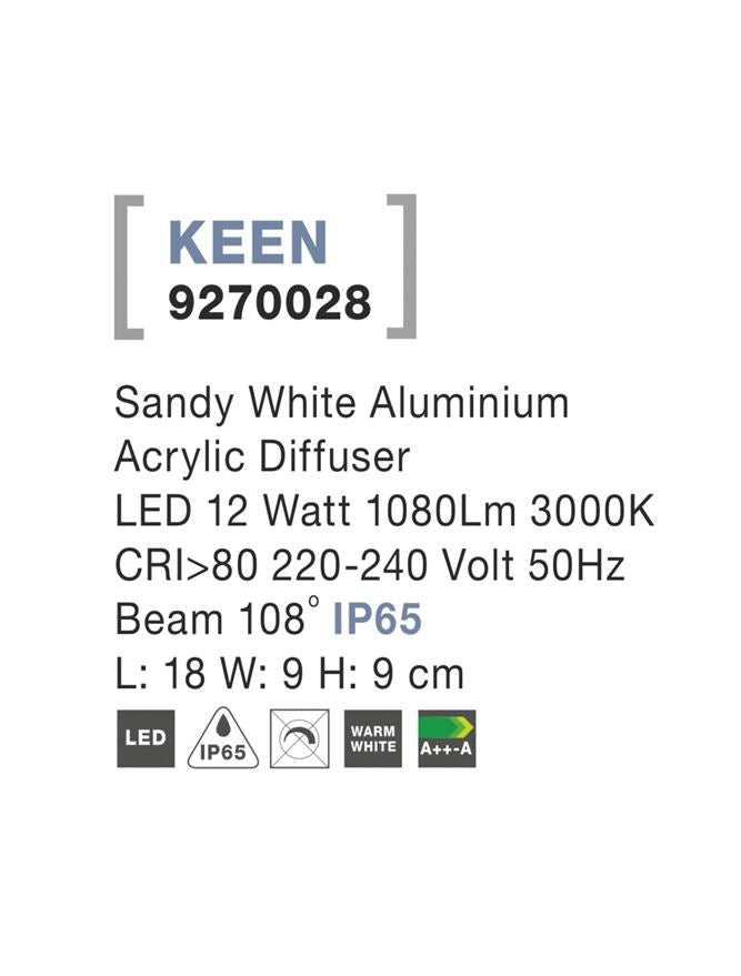 Градинска лампа KEEN 12W Пясъчно бял алуминий с акрилен дифузер IP65 3000K L18см