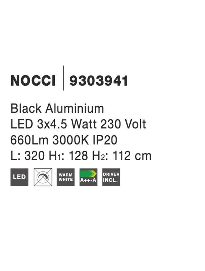 Висящо осветително тяло (пендел) NOCCI LED 3x4.5W 230V Черен алуминий Черен текстилен шнур Регулируема височина L320 H128-112см