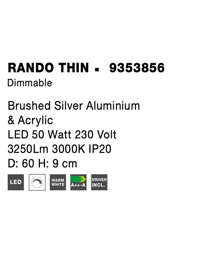Висящо осветително тяло (пендел) RANDO THIN 50W Сребрист алуминий и акрил 3000K