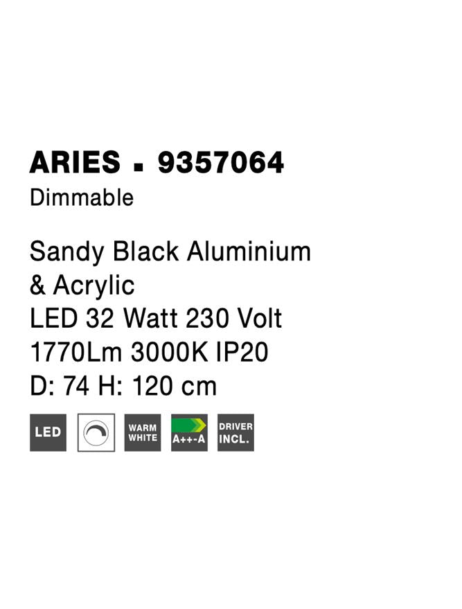 Висящо осветително тяло (пендел) ARIES 33W Пясъчно черен алуминий и акрил D74 H120см Регулируема височина