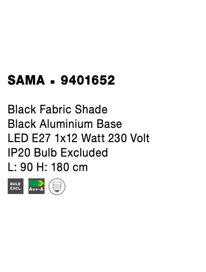 Висящо осветително тяло (пендел) SAMA LED E27 12W Черен текстилен абажур и черен алуминий L90 H180см