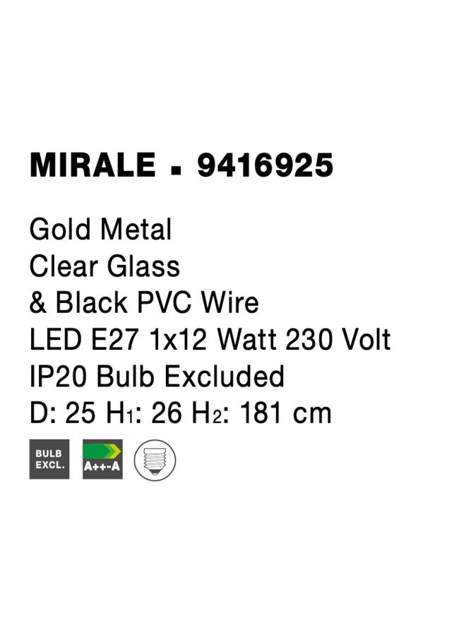 Висящо осветително тяло (пендел) MIRALE 12W E27 Златист месинг Прозрачно стъкло Черен PVC кабел Регулируема височина