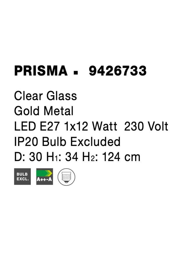 Висящо осветително тяло (пендел) PRISMA 12W E27 Античен месинг Прозрачно стъкло ⌀30 H120см Регулируема височина