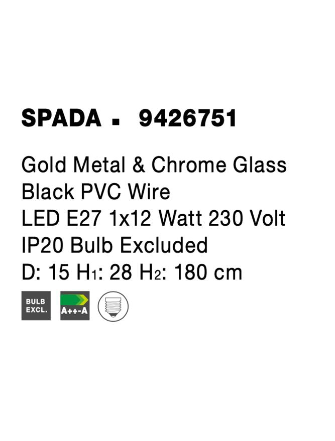 Висящо осветително тяло (пендел) SPADA 12W LED E27 Златист месинг, опушено стъкло ⌀15