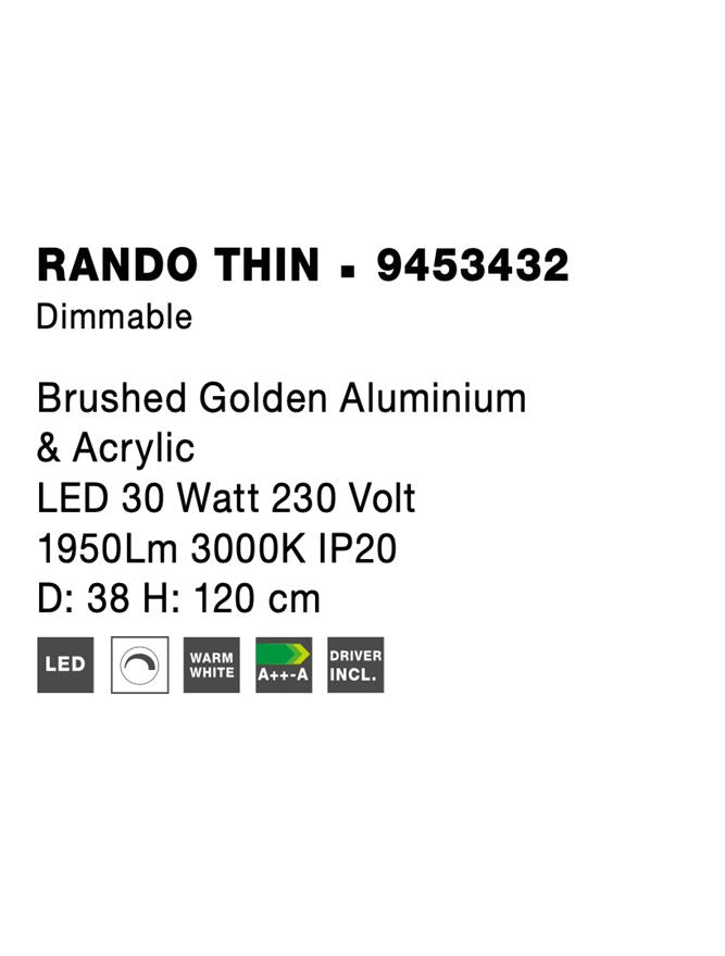 Висящо осветително тяло (пендел) RANDO THIN 30W Златист алуминий и акрил Димируем ⌀38 H120см
