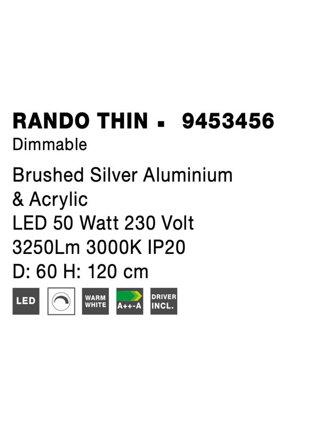 Висящо осветително тяло (пендел) RANDO THIN 50W Сребрист алуминий и акрил Регулируема височина