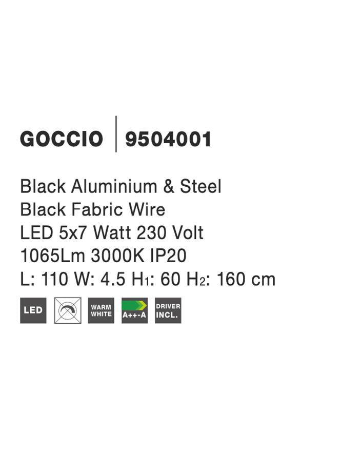 Висящо осветително тяло (пендел) GOCCIO LED 38W 230V Черен алуминий и стомана Черен текстилен шнур Регулируема височина L110 W4.5 H60-160см