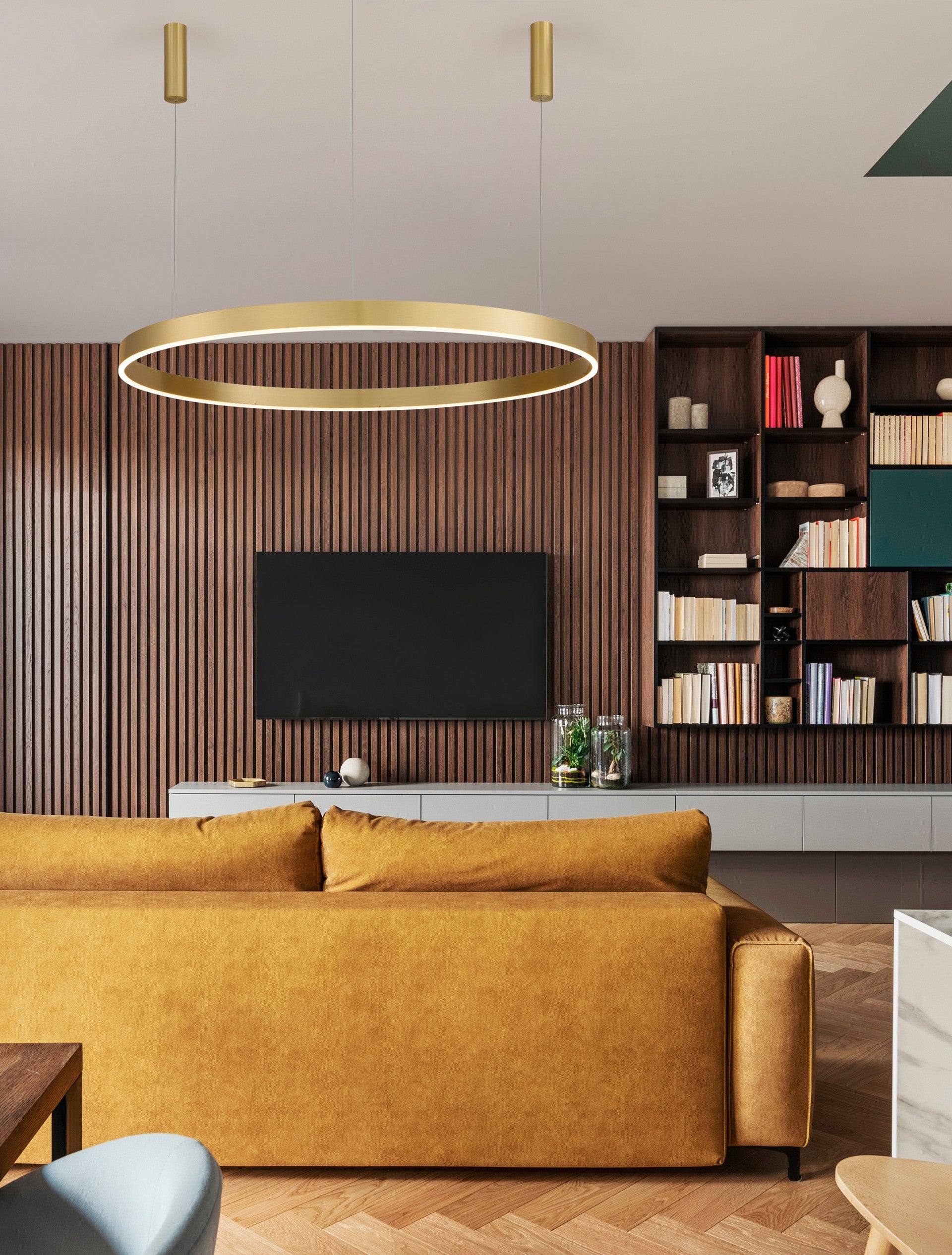 Висящо осветително тяло (пендел) MOTIF 72W LED 3000K Триак димируем Златист месинг алуминий акрил Регулируема височина