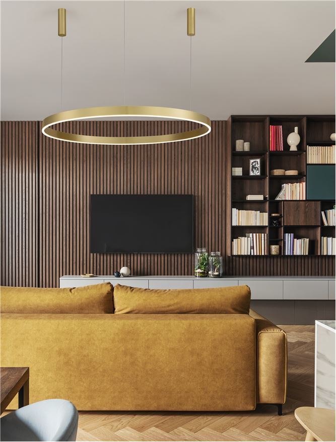 Висящо осветително тяло (пендел) MOTIF 72W LED 3000K Триак димируем Златист месинг алуминий акрил Регулируема височина