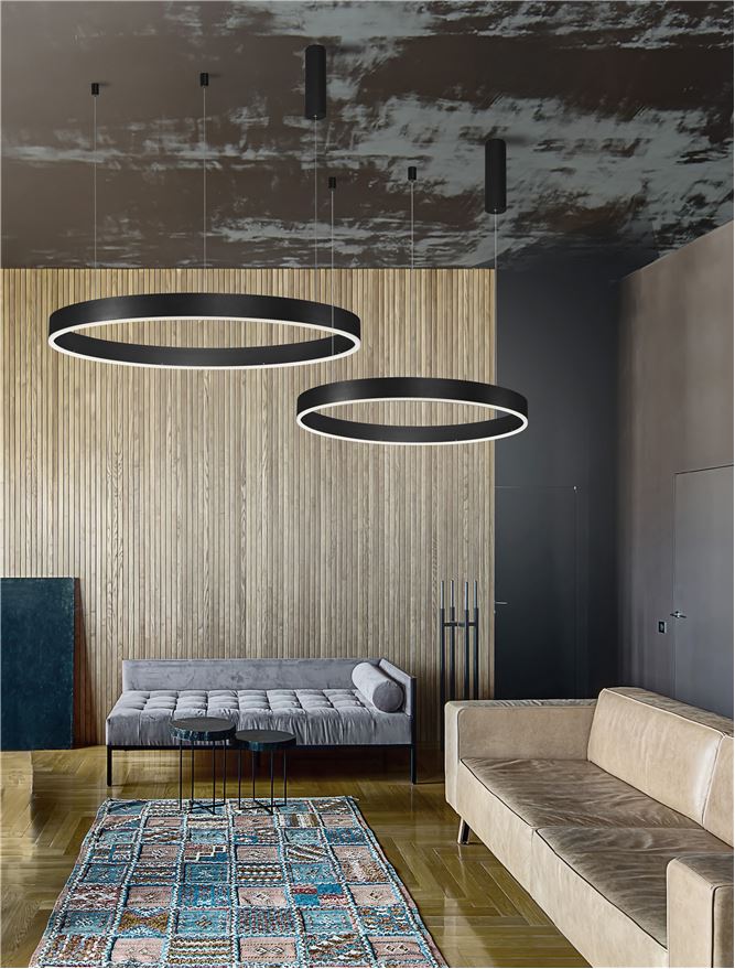Висящо осветително тяло (пендел) MOTIF LED 60W 230V Променлив CCT Пясъчно черен алуминий и акрил Регулируема височина ⌀100 H200см