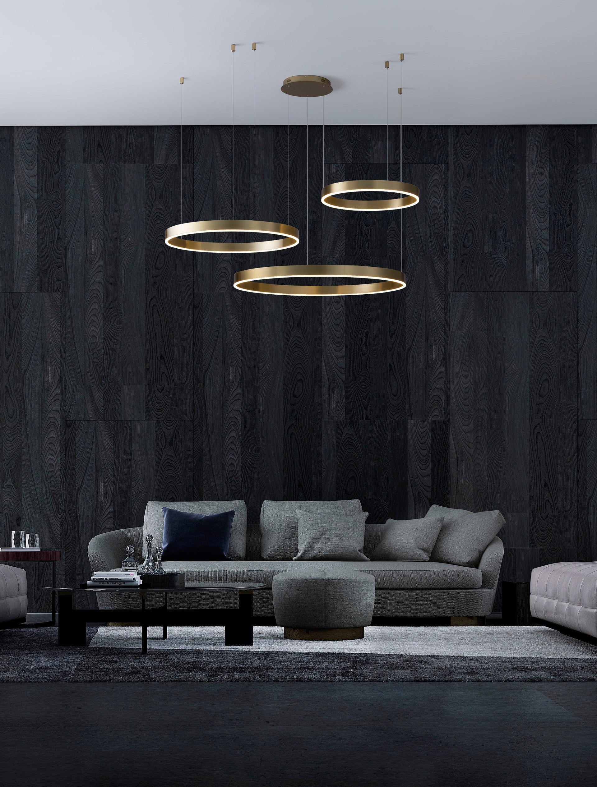 Висящо осветително тяло (пендел) MOTIF LED 140W 230V Променлив CCT Златист месинг алуминий и акрил Регулируема височина D60-100 H250см