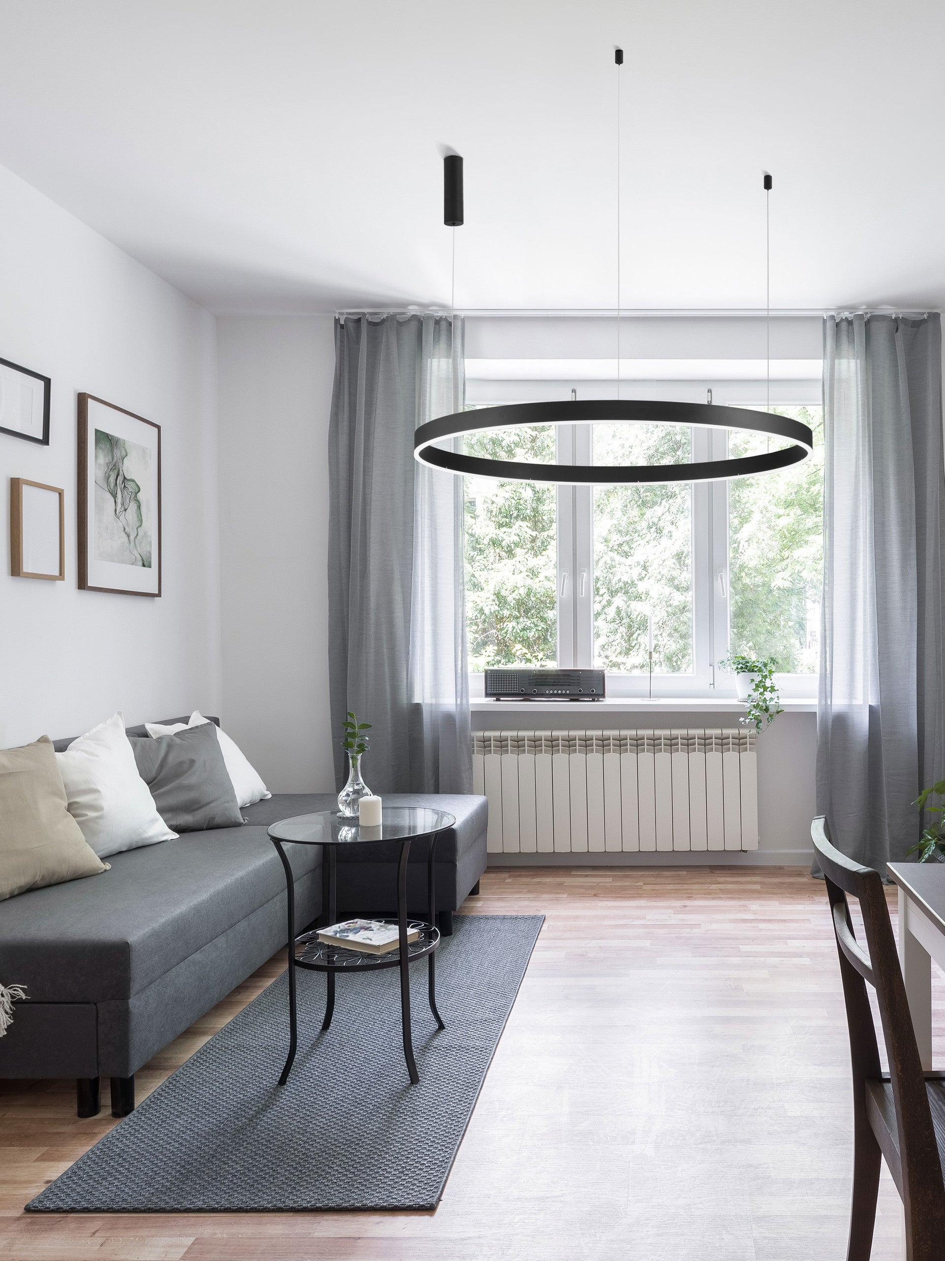 Висящо осветително тяло (пендел) MOTIF LED 72W 230V Променлив CCT Пясъчно черен алуминий и акрил Регулируема височина ⌀120 H250см