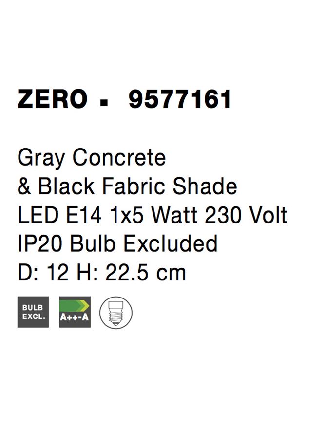 Висящо осветително тяло (пендел) ZERO LED E14 5W Сив бетон и черен текстилен абажур