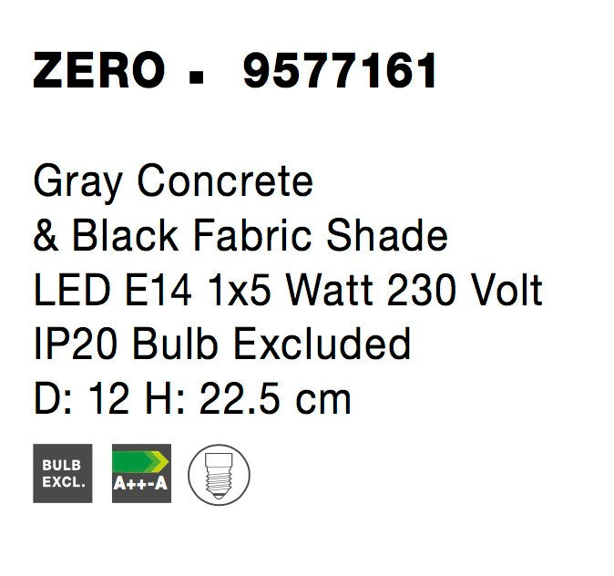 Висящо осветително тяло (пендел) ZERO LED E14 5W Сив бетон и черен текстилен абажур