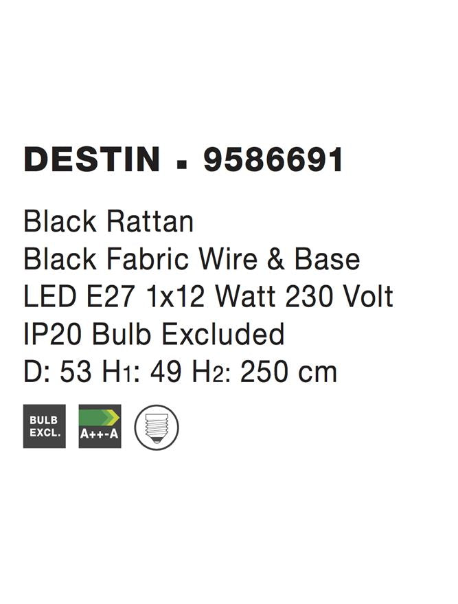 Висящо осветително тяло (пендел) DESTIN 12W LED Черен ратан Черен текстилен кабел