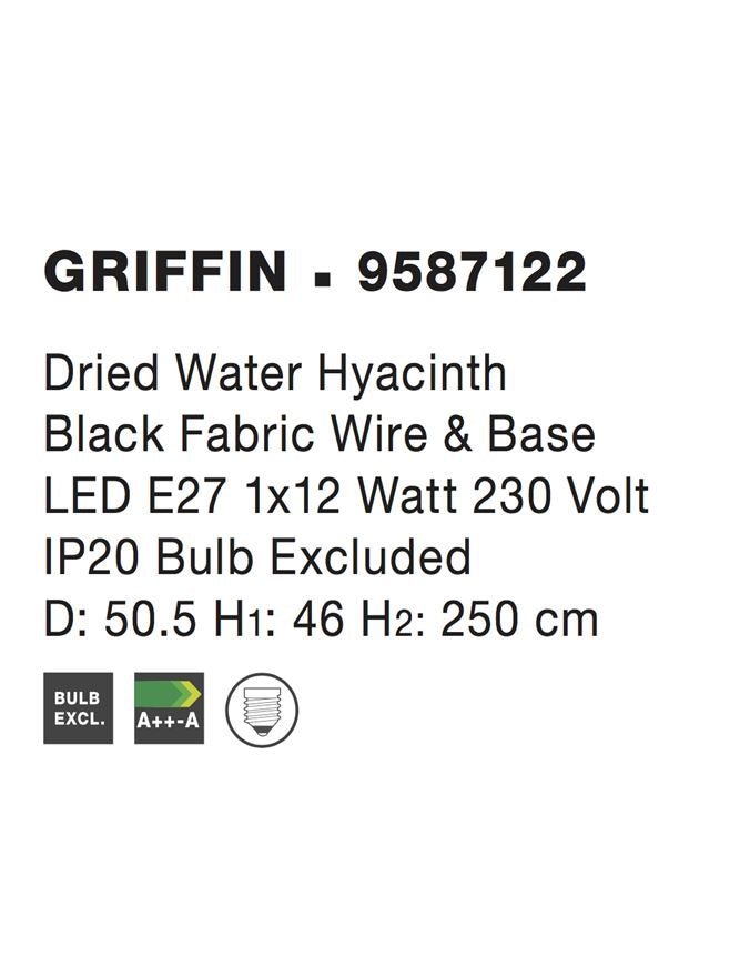 Висящо осветително тяло (пендел) GRIFFIN 12W LED Сушен воден хиацинт Черен текстилен кабел